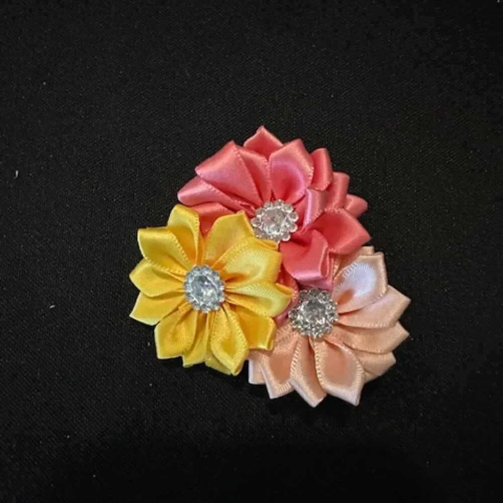 Peach, Coral & Yellow Flower Trio Bow  7261  Handmade Boutique NWT